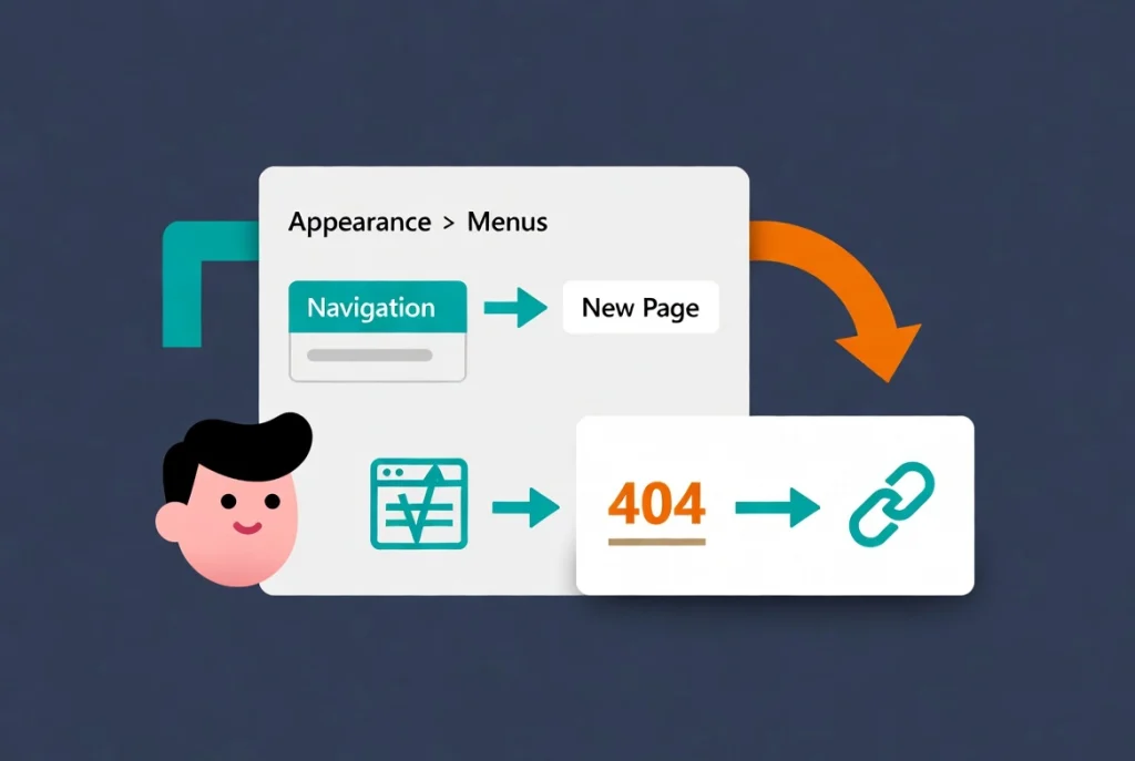 WordPress navigation menu setup with page addition and slug change redirect flow