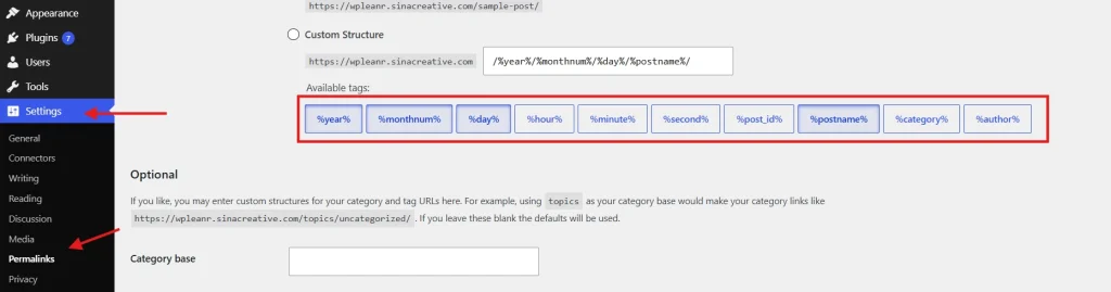 WordPress permalinks settings screen showing custom structure options and available tags including postname category author.