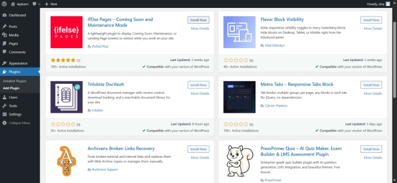 WordPress plugin dashboard displaying a list of installed extensions with activation and update notifications.