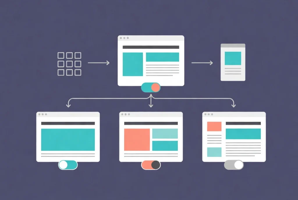 WordPress post layout templates shown in browser windows with workflow arrows illustrating technical choices for full site editing.