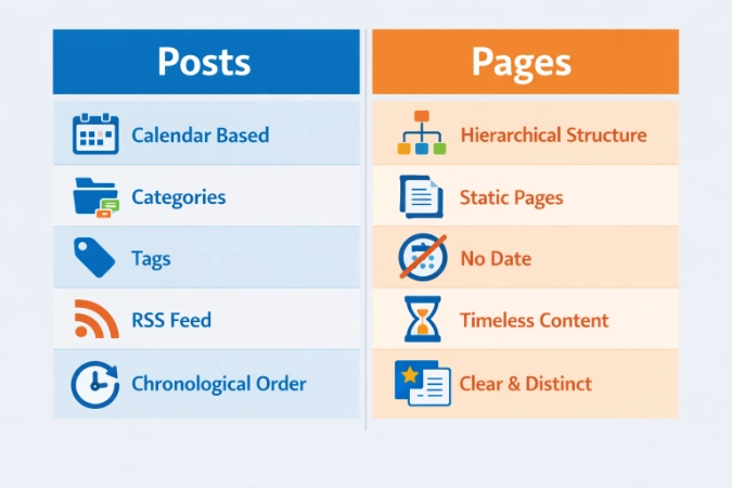 Infographic detailing the differences between dynamic WordPress posts with dates and static pages without timestamps.