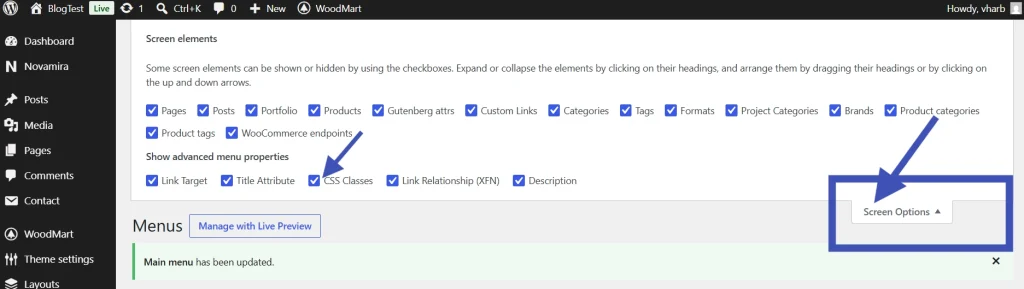 WordPress screen options panel showing menu settings checkboxes and advanced properties in dashboard interface