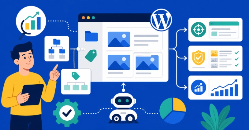 Flat vector dashboard showing WordPress categories, tags, and SEO workflow with charts and site structure elements