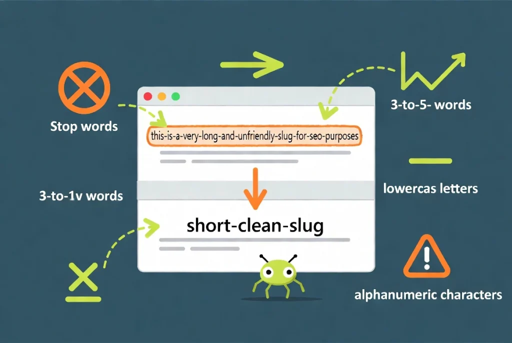 WordPress slug optimization showing long default URL transforming into short clean hyphenated version in post editor.