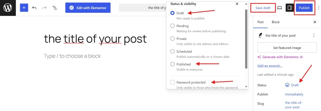 WordPress editor status visibility panel with red arrows highlighting draft published and password options alongside save draft and publish buttons.