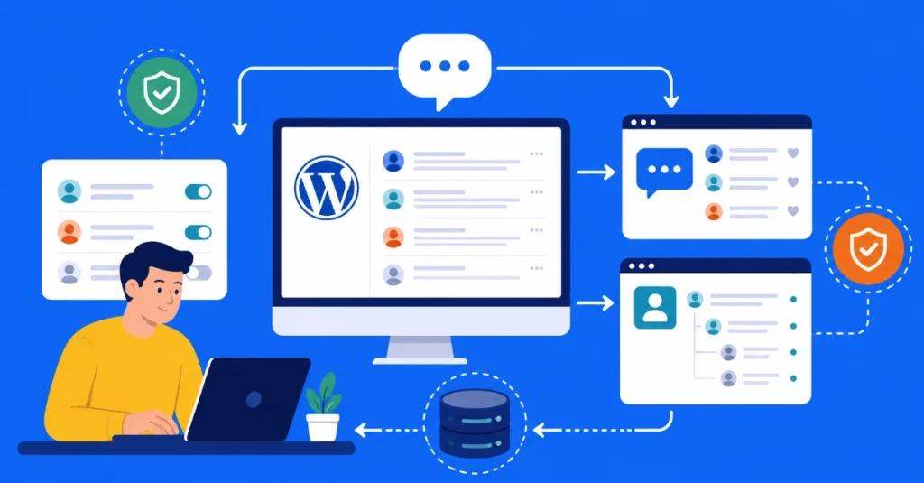 Flat vector illustration of man managing WordPress comments on desktop with security shields and database connection