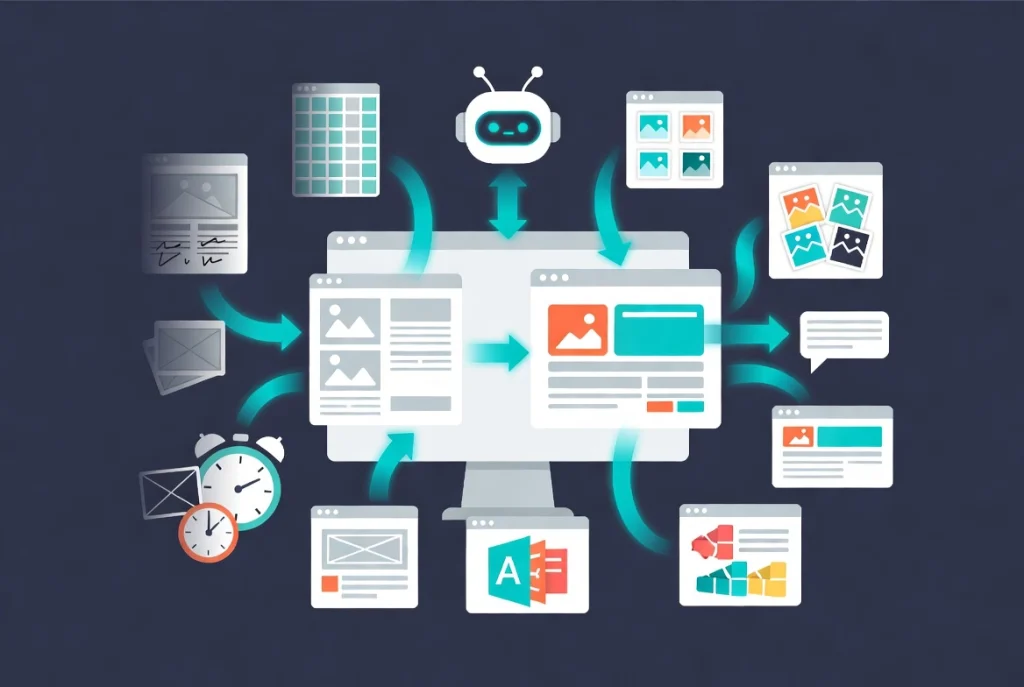 AI automates web layout design with workflow icons and responsive UI elements assembling on screen