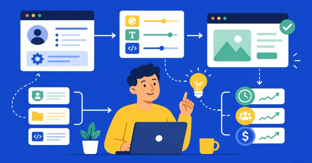 Flat vector illustration of AI custom instructions workflow with dashboard cards, automation flows, and analytics panels