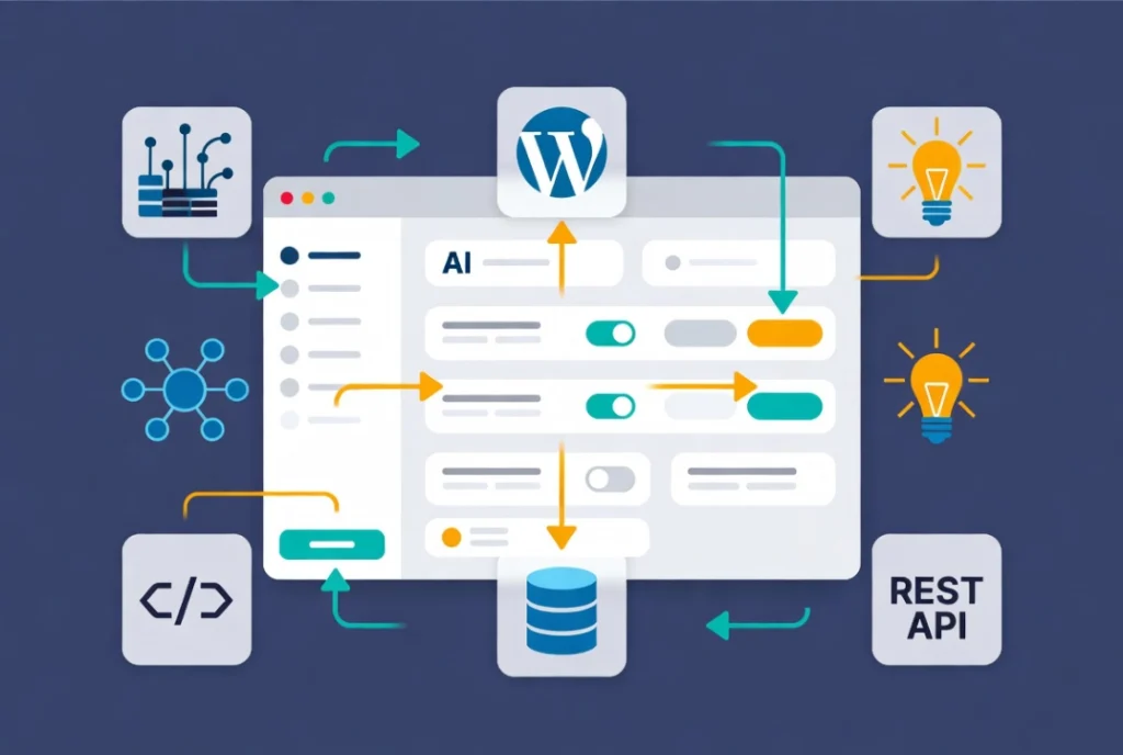 Dashboard interface connecting AI models to WordPress with workflow arrows showing automation and database queries