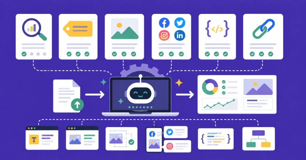 Flat vector illustration of AI SEO automation dashboard with metadata generation, social media workflows, and schema markup