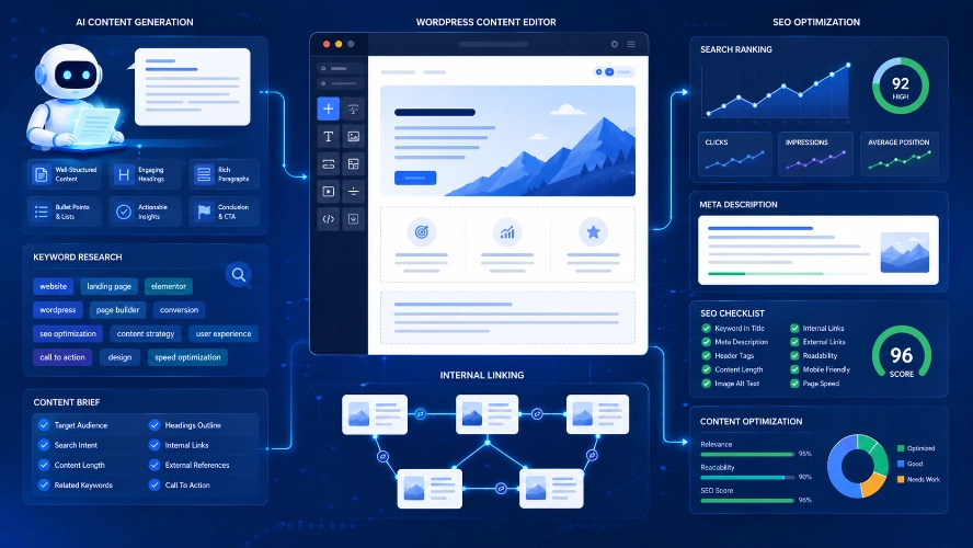 Futuristic dashboard illustration showing AI-generated WordPress content optimized for SEO with keyword research and internal linking
