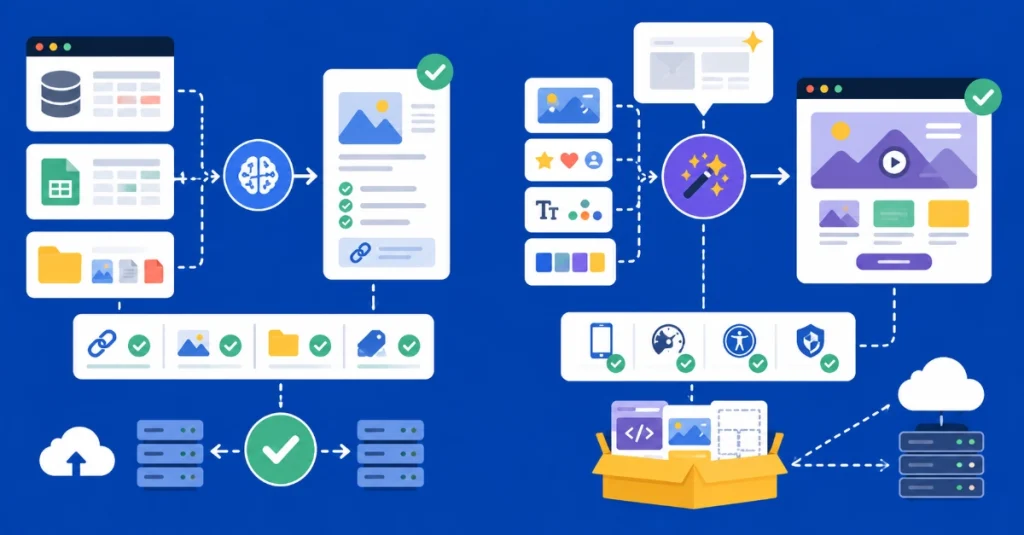 Flat vector workflow illustration showing AI-powered content migration, automated layouts, and reusable web design assets