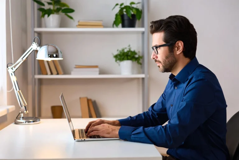 Bearded man with glasses working intently on laptop at modern white desk