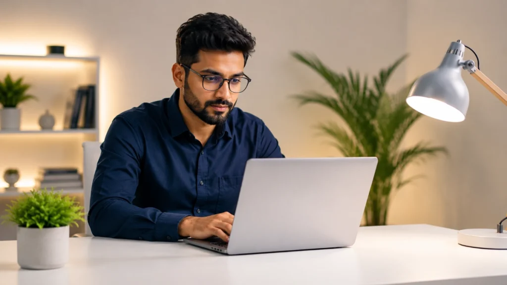 Professional Freelancer Using AI WordPress Development Tools in Modern Workspace