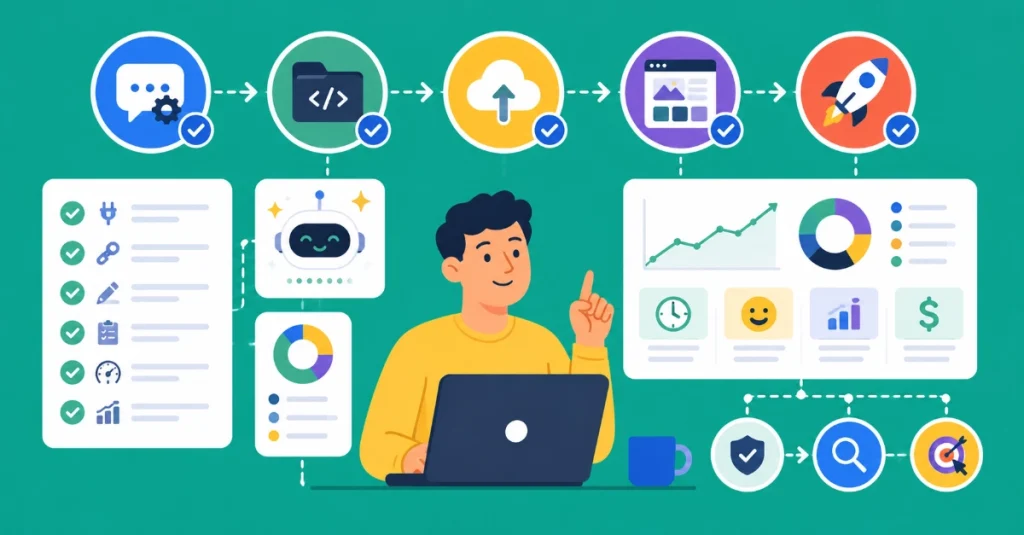 Flat vector illustration of AI workflow dashboard with automation analytics, project tracking, and productivity optimization
