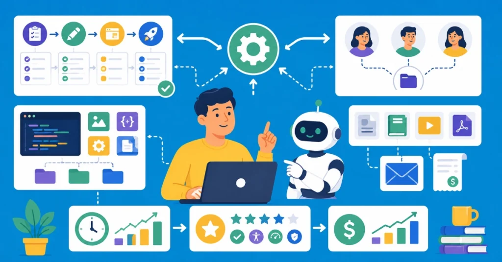 Flat vector illustration of AI workflow automation with team collaboration, project templates, and business growth analytics