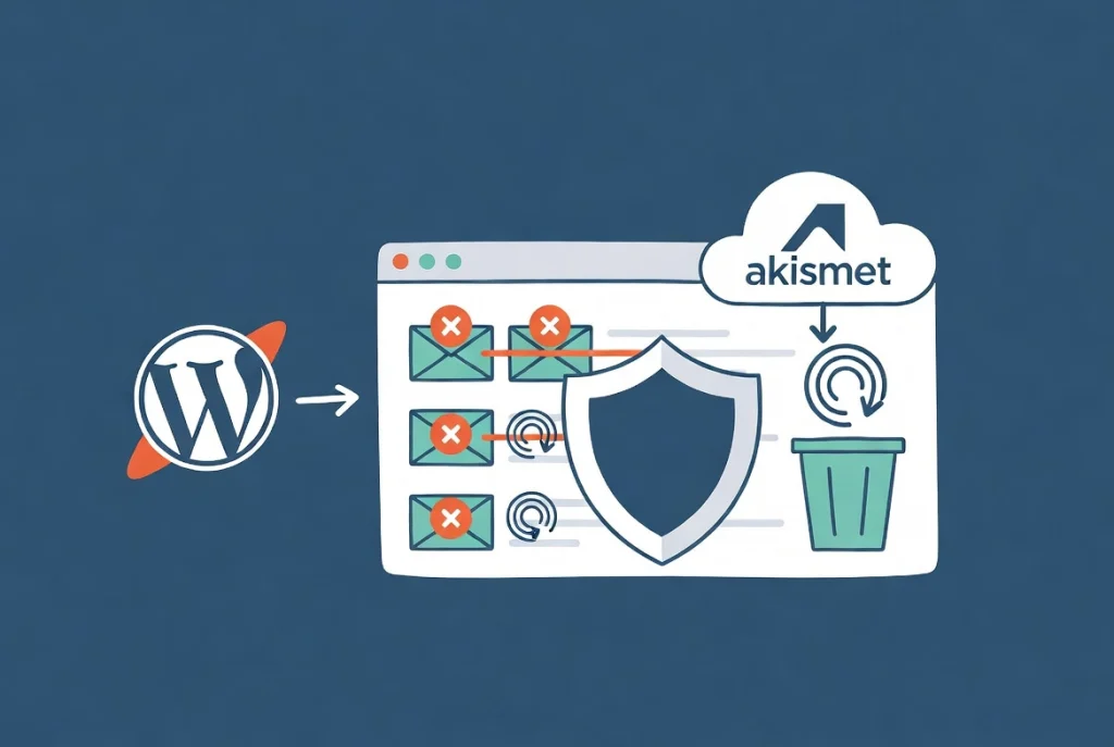 WordPress comment section with Akismet shield blocking spam icons and filtering workflow arrows