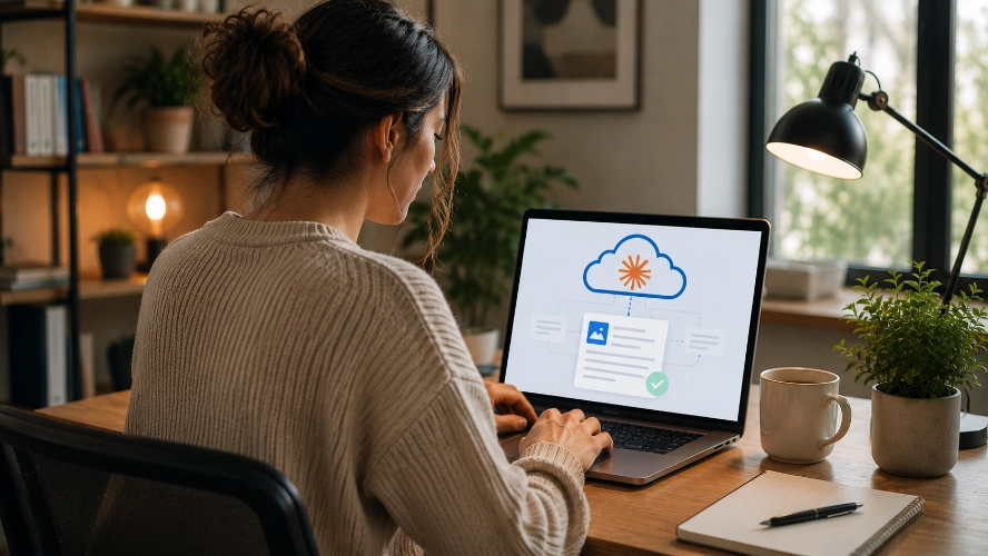 Woman using a laptop with cloud AI content generation interface for WordPress and Elementor blog creation