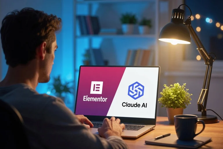 Professional workspace showing a developer using a laptop with Elementor and Claude AI interfaces for WordPress content generation
