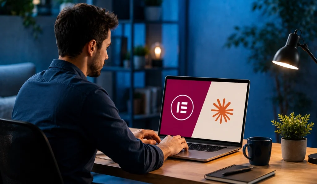 Professional workspace showing a developer using a laptop with Elementor and Claude AI interfaces for WordPress content generation