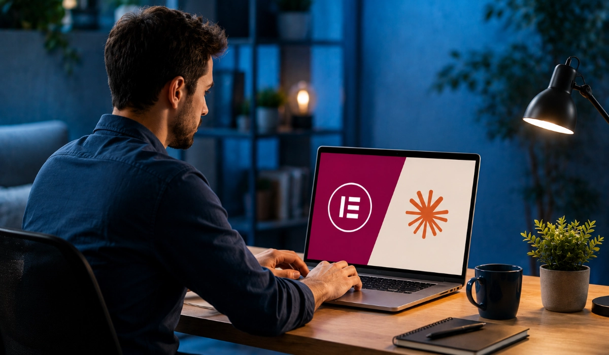 Professional workspace showing a developer using a laptop with Elementor and Claude AI interfaces for WordPress content generation