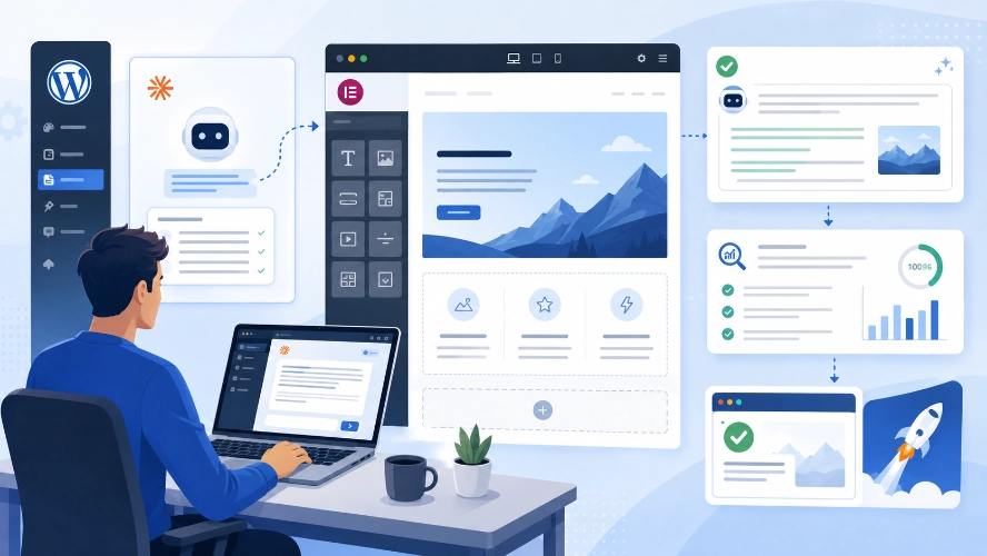 Illustration showing a creator using Claude AI with Elementor and WordPress to generate SEO content and publish landing pages