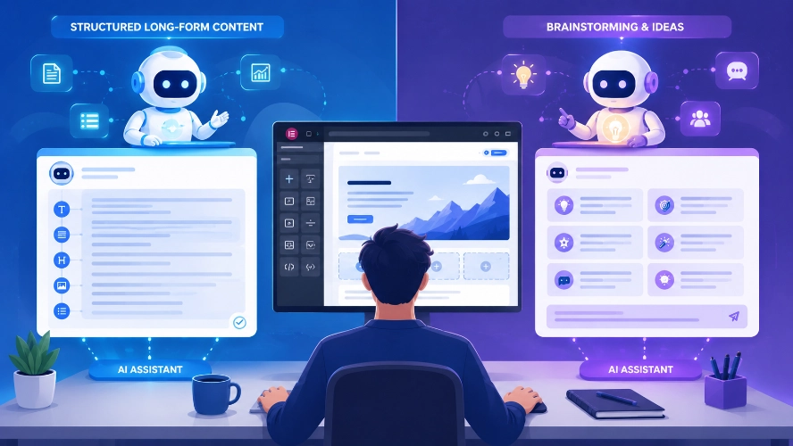 Split-screen illustration showing AI assistants helping a creator build Elementor landing pages and generate blog content