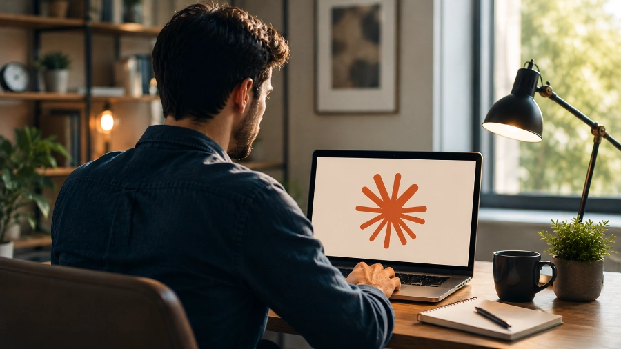 Developer working on a laptop displaying the Claude AI icon in a modern home office workspace