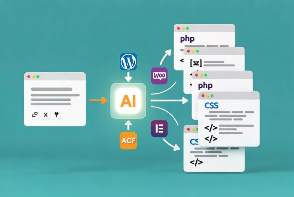 WordPress AI snippet generation workflow showing plain English input to accurate PHP JavaScript CSS code output