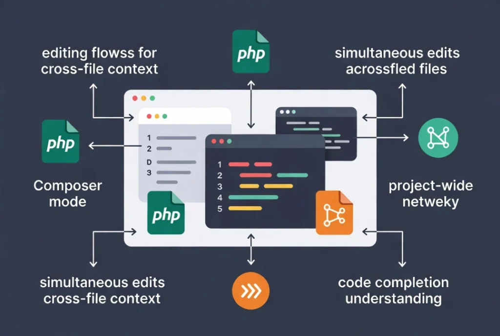 Cursor AI IDE interface with multi-file connections and workflow arrows showing cross-file editing in WordPress projects