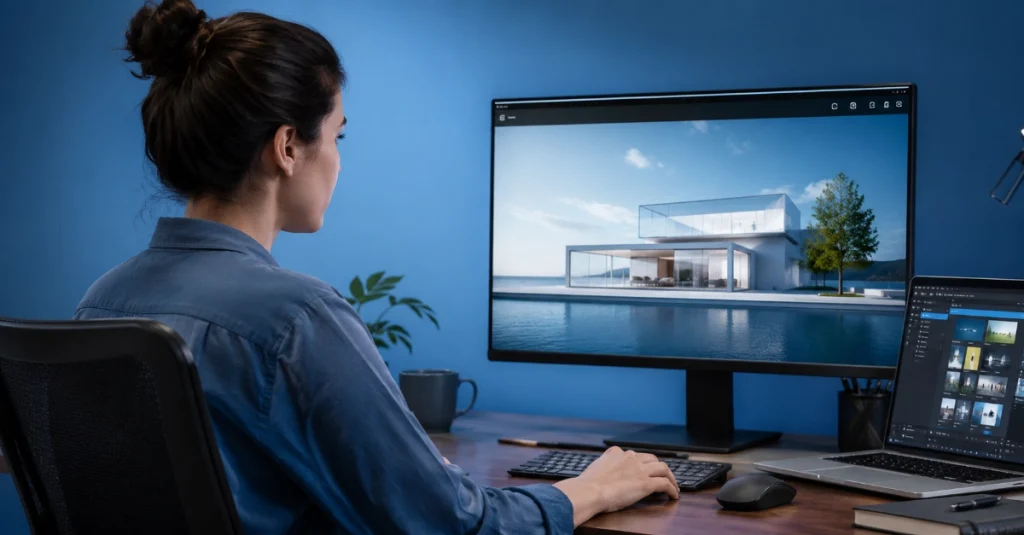 Woman designer working on architectural visualization of modern glass house on large monitor in blue office