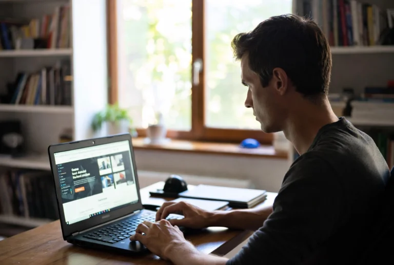 Man centered in home office with laptop designing website landing page in natural lifestyle setting
