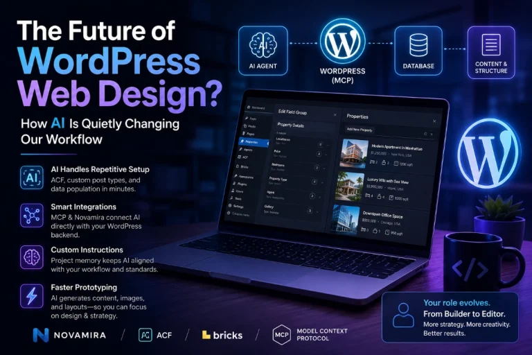 AI-powered WordPress web design workflow with MCP, ACF, Bricks Builder, and automation tools on a modern dashboard