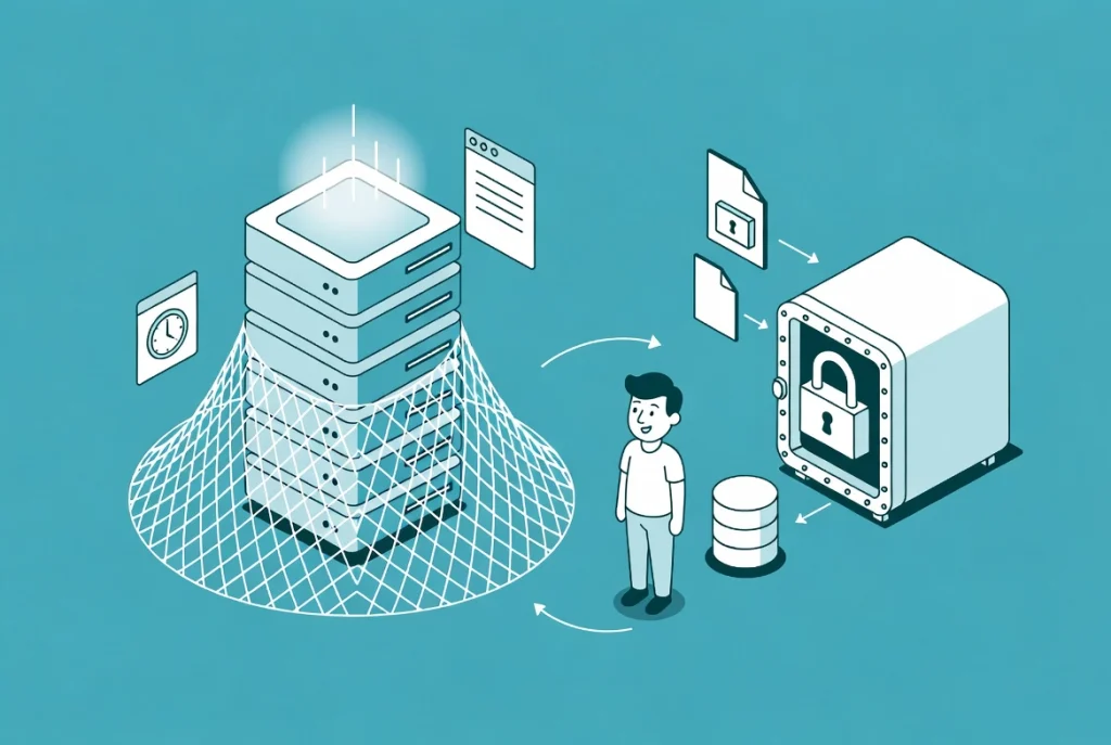 Friendly character viewing web server safety net beside independent backup vault with selective restore icons