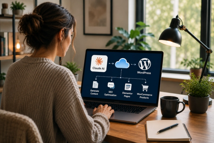 Woman using a laptop showing Claude AI connected to WordPress and Elementor workflow in a modern home office