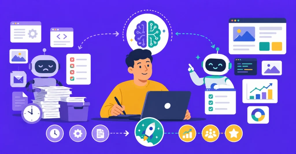 Flat vector illustration of human and AI collaboration improving web design workflows, productivity, and creative strategy