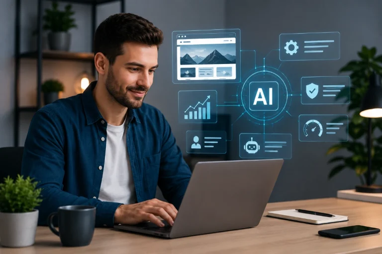 Man using AI tools on laptop to manage website analytics, automation workflows, and digital performance in office