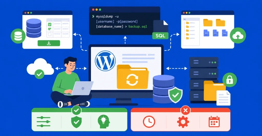 Flat vector illustration showing manual WordPress backup methods with database export FTP transfer and secure server backup workflow