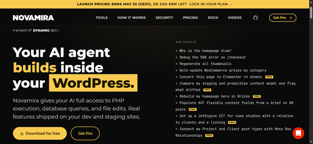 Novamira AI agent homepage showcasing WordPress automation features with dark interface