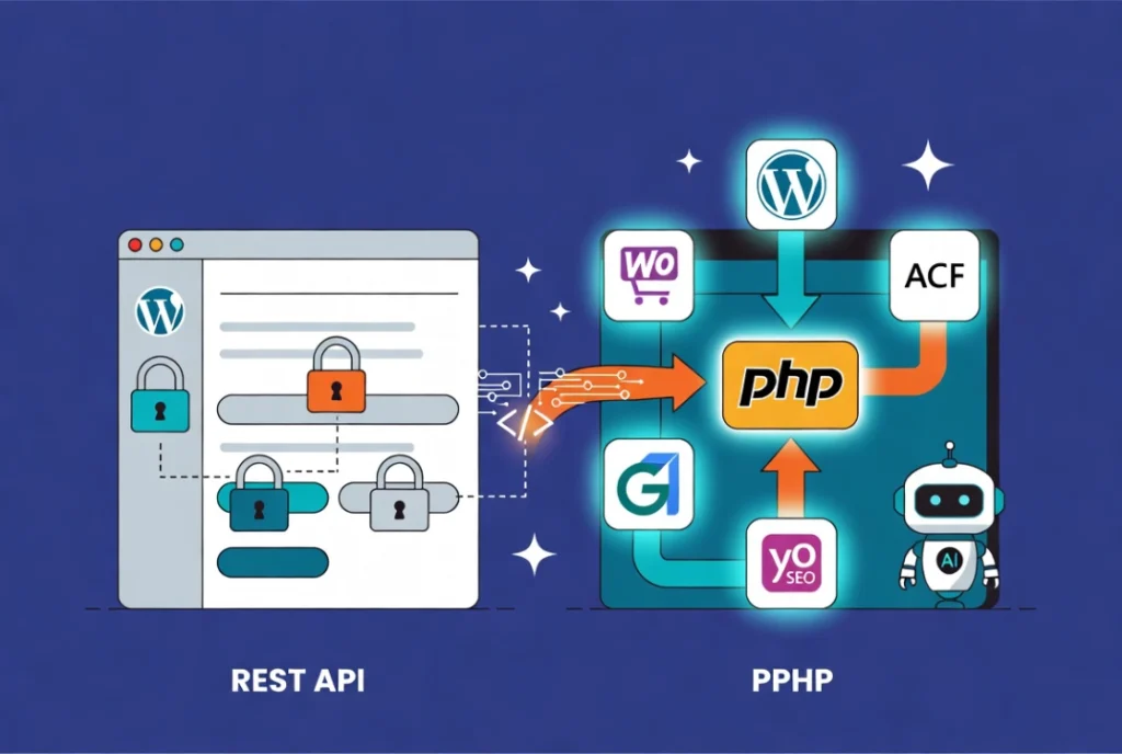 Deep WordPress AI integration comparison showing limited REST API versus full PHP access with plugin connections