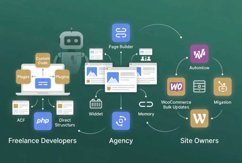 Novamira target users illustration showing freelance developers, agency teams and experienced site owners benefiting from PHP AI integration