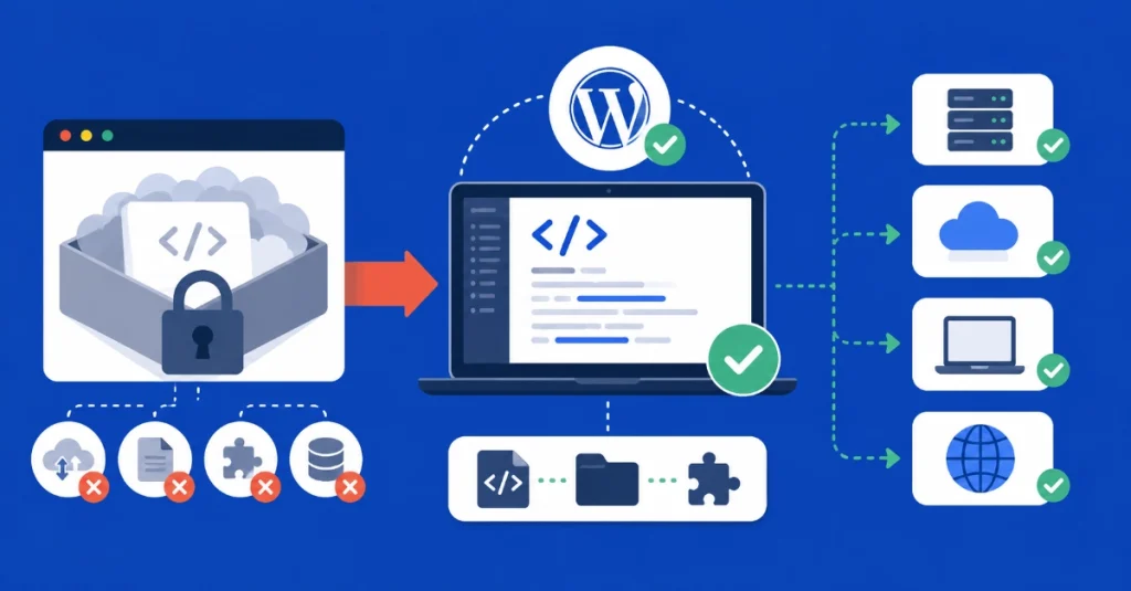 Flat vector illustration of portable WordPress code workflow with hosting migration, reusable components, and deployment systems