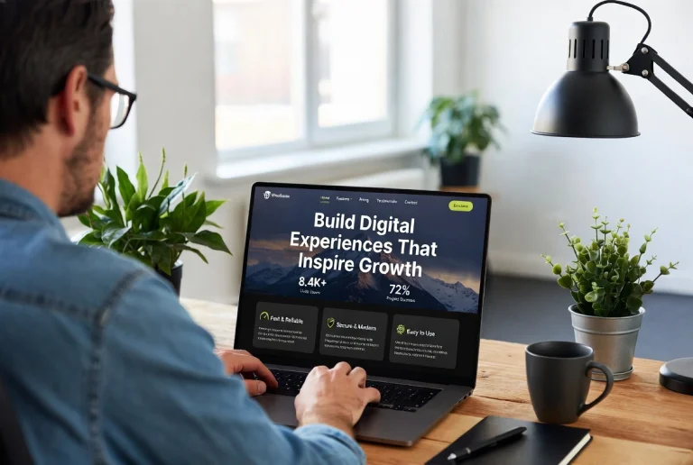 Man working on WordPress landing page design on laptop at desk