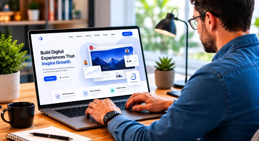 Professional man working on a modern WordPress landing page website on laptop in a bright office workspace