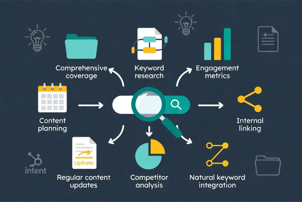 Flat vector illustration showing SEO content strategy workflow with keyword research, topic clusters, and content updates connected by arrows on navy background