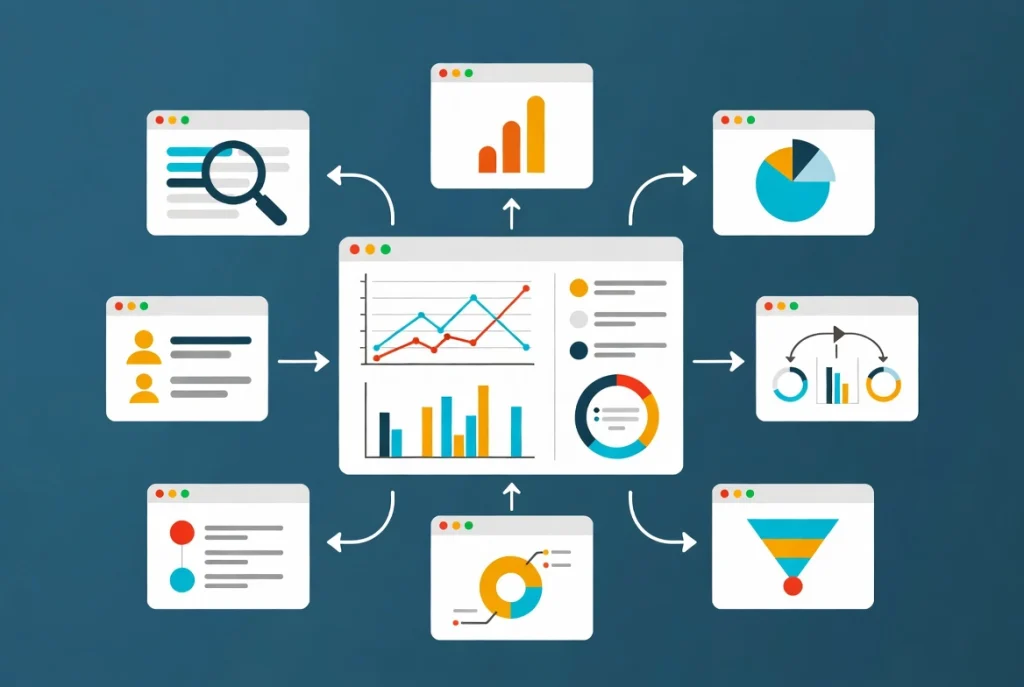 Flat vector illustration of SEO monitoring and analytics dashboard with performance graphs, search console tools, and ranking trackers on teal background