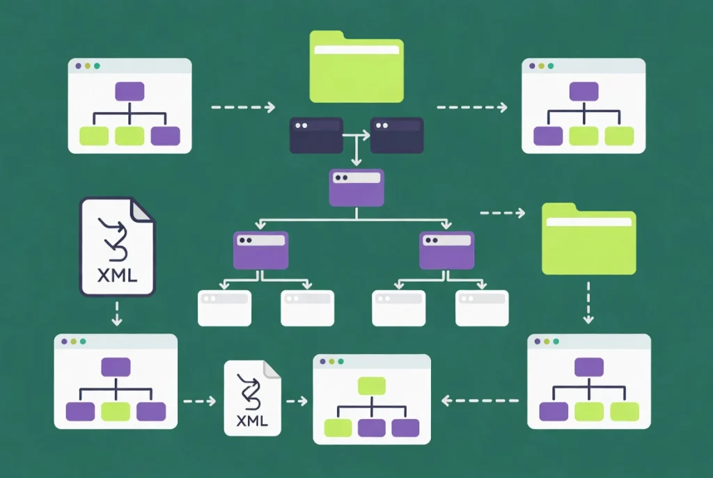 Flat vector illustration of organized SEO site structure with hierarchical sitemap, internal linking, and architecture flow on emerald background