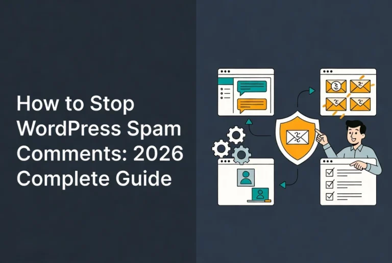 Cartoon man explaining WordPress spam comment prevention steps with workflow arrows in flat vector style next to guide title