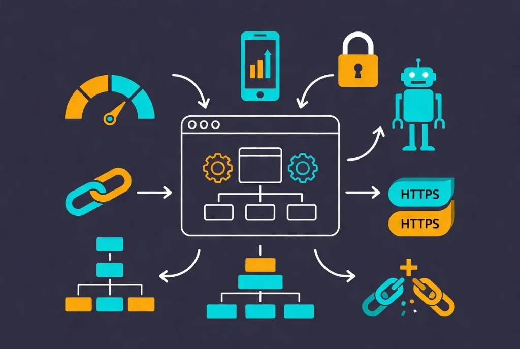 Central technical dashboard with connected SEO optimization icons and workflow arrows on navy background