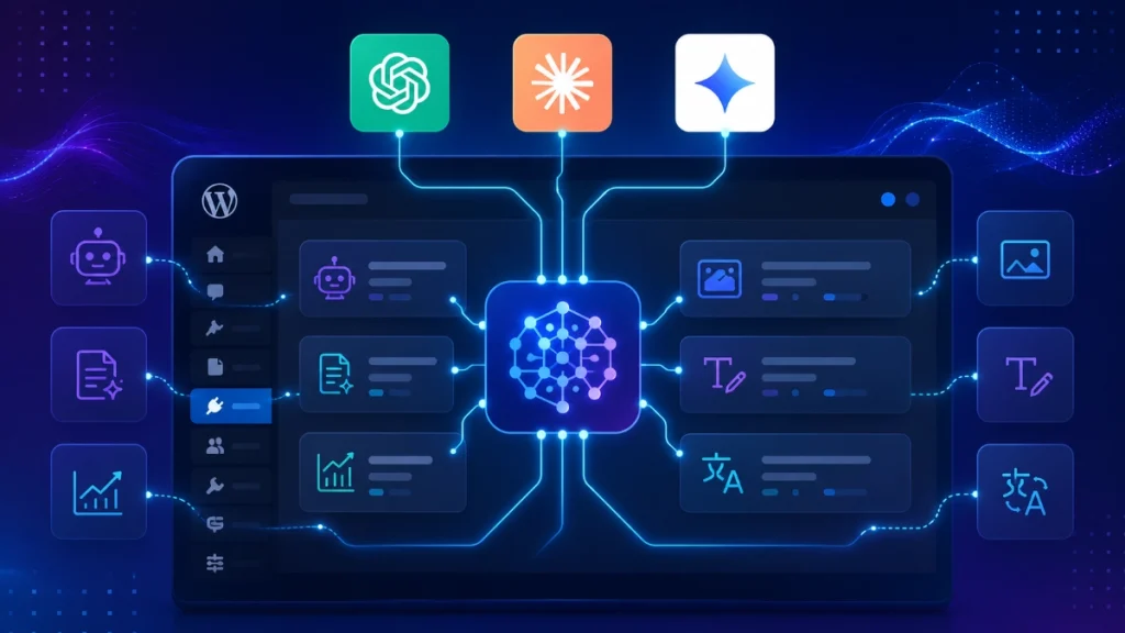 Futuristic WordPress 7 AI connectors dashboard with centralized AI infrastructure and connected plugins